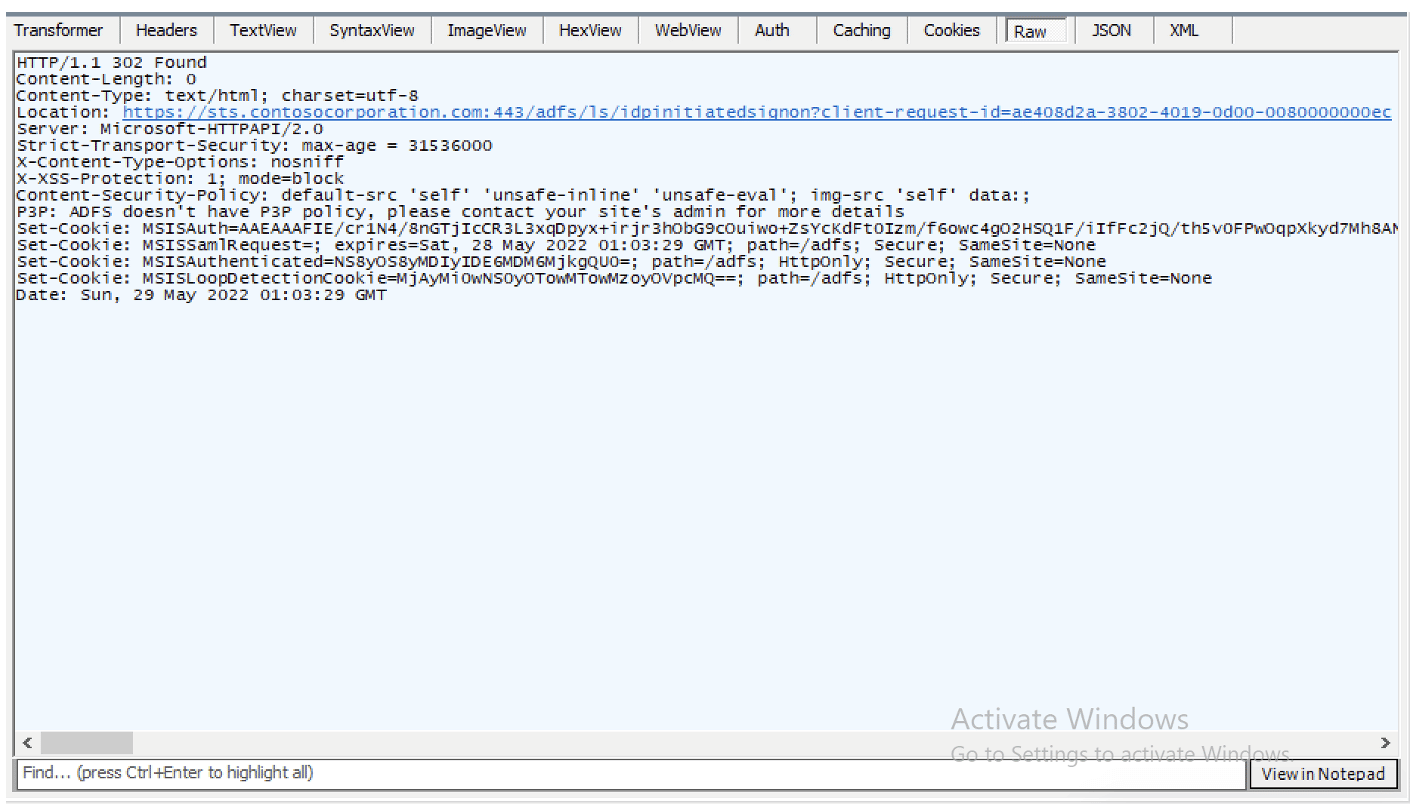 Successful authentication to ADFS server