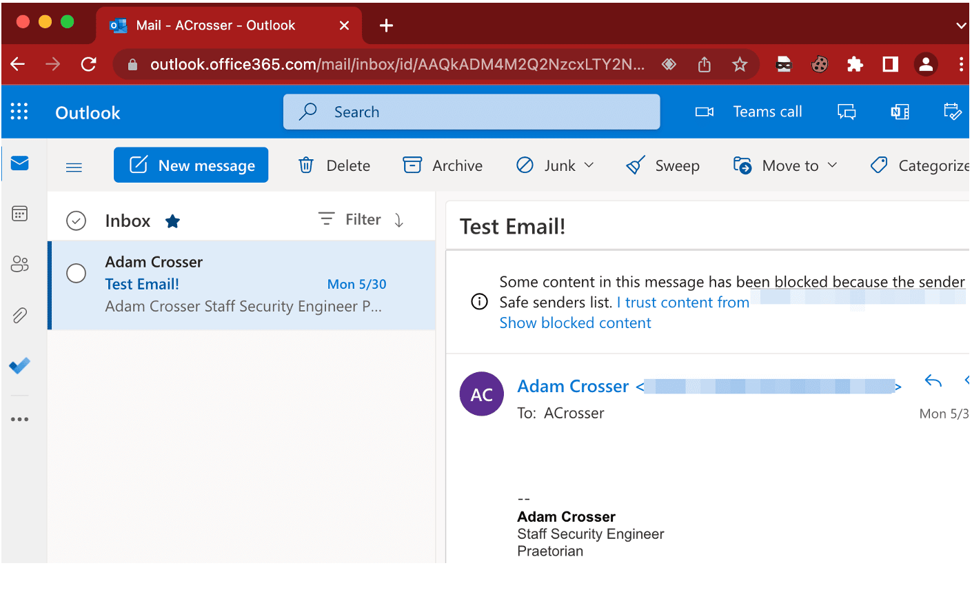 Viewing a message I sent to the victim's email address