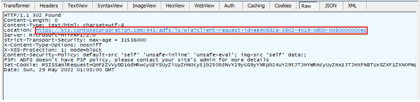 The client being redirected to the WIA authentication endpoint