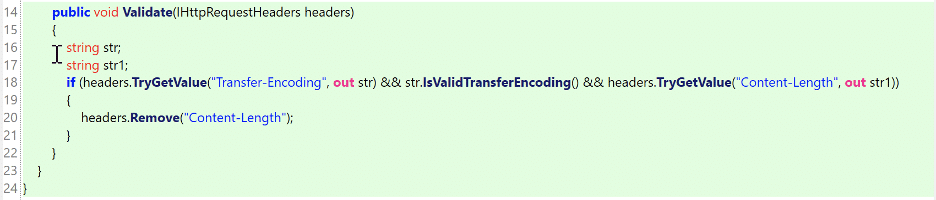 The source code of the Validate function from the HttpHeaderValidation class that was added to the Proxy.Util namespace in the patched Proxy.exe binary