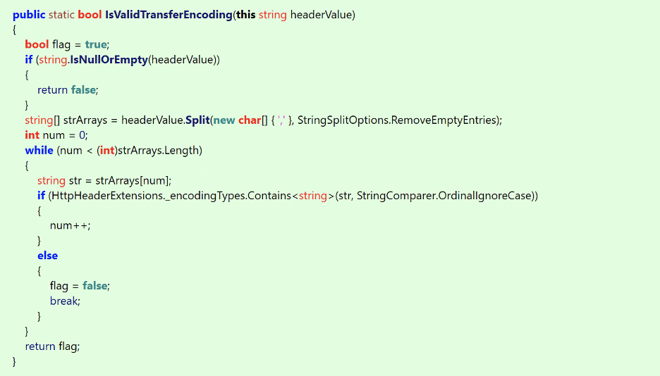 The source code for the IsValidTransferEncoding function that was added to the HttpHeaderExtensions class in the Proxy.Util namespace within the patched Proxy.exe binary