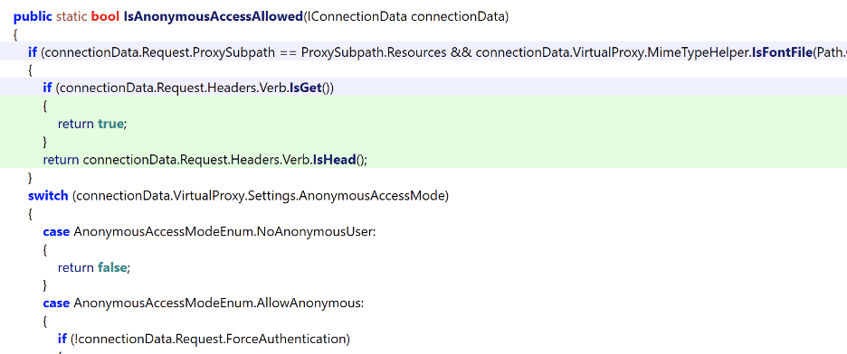 We observed that the IsAnonymousAccessAllowed function was modified to only allow anonymous access if the HTTP request method corresponds to a HEAD or GET request