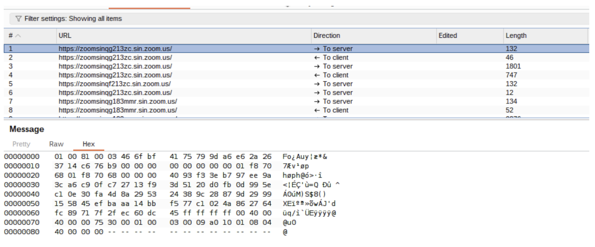 An initial handshake message sent from the Zoom desktop client to the zone controller as part of a handshake process
