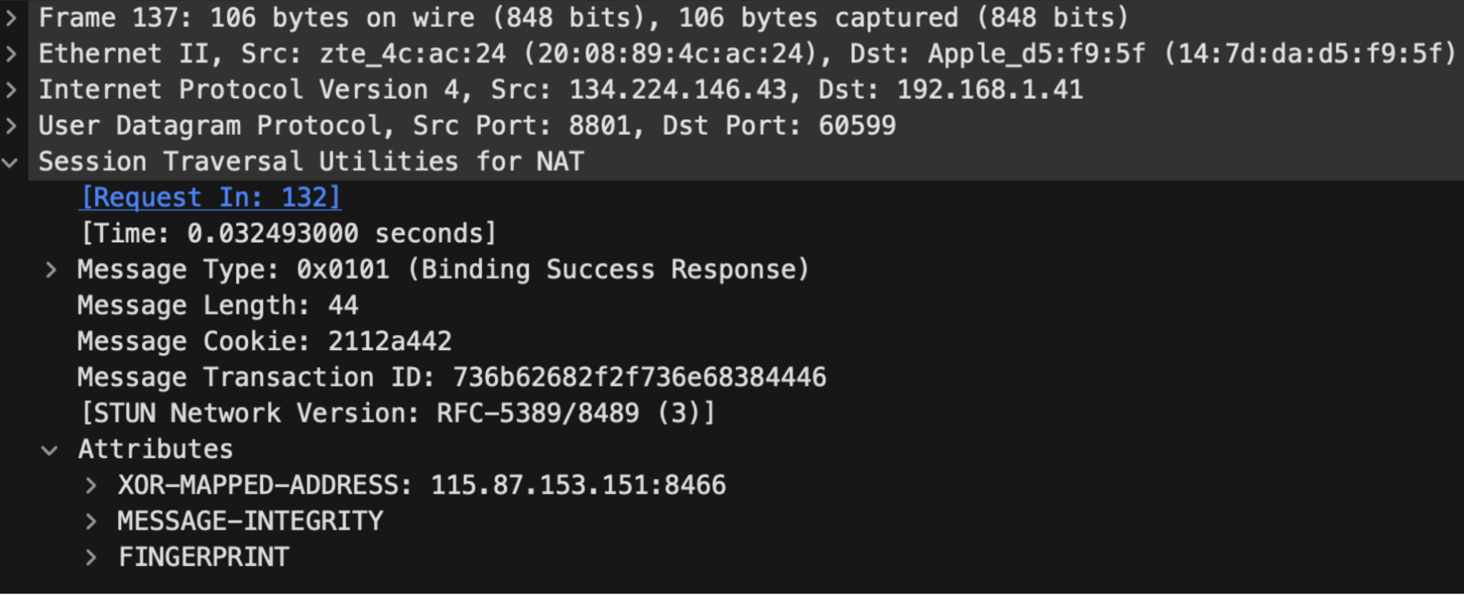 A screenshot showing UDP traffic observed being to the Zoom MMR server using the STUN protocol as part of ICE candidate gathering mechanism used during the WebRTC connection initiation process