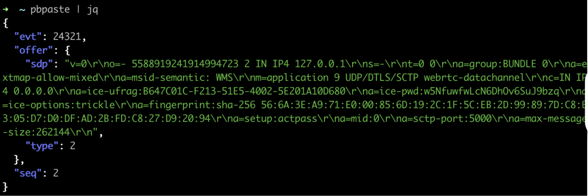 An SDP offer generated by the Zoom web client which is used to initiate the WebRTC signaling process with the server to connect to the MMR server over WebRTC