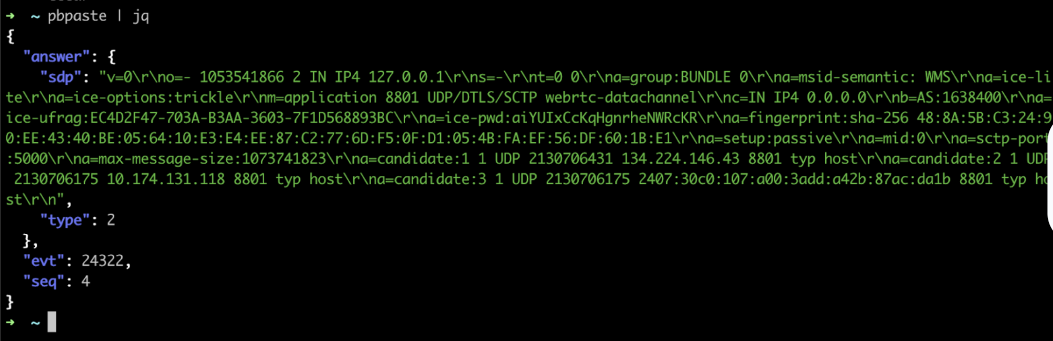 An answer received from the Zoom RWG backend when using the Zoom web client to negotiate a WebRTC connection with a MMR server running an SFU