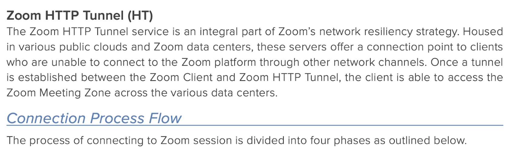 We identified several instances in the Zoom documentation that referenced an HTTP tunneling service that could be used by clients facing egress restrictions within their environment
