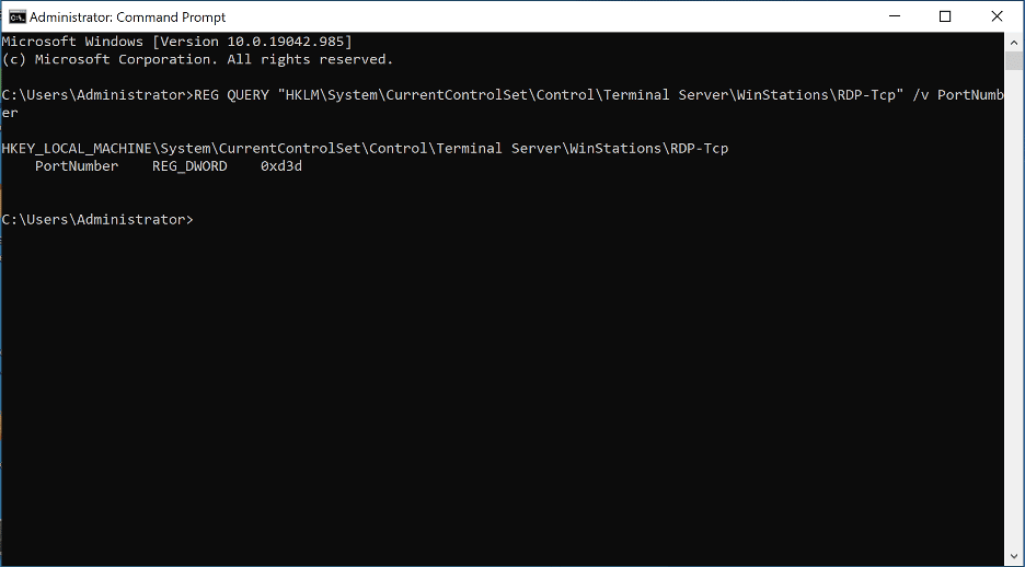 Registry query confirming RDP port 3389 (0xd3d)