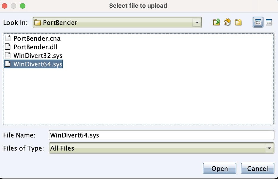 Uploading the WinDivert64.sys driver to the target