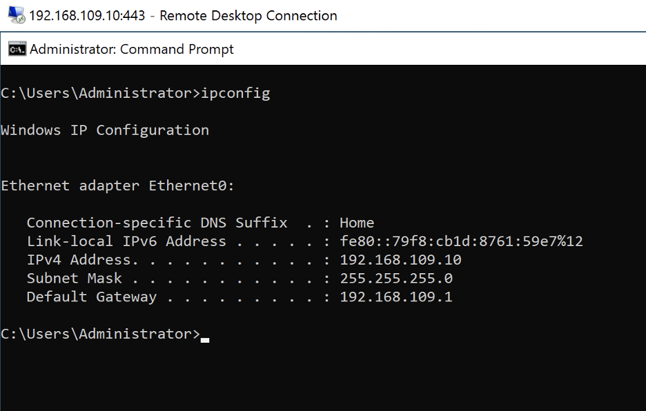 RDP session to 192.168.109.10:443 showing ipconfig output
