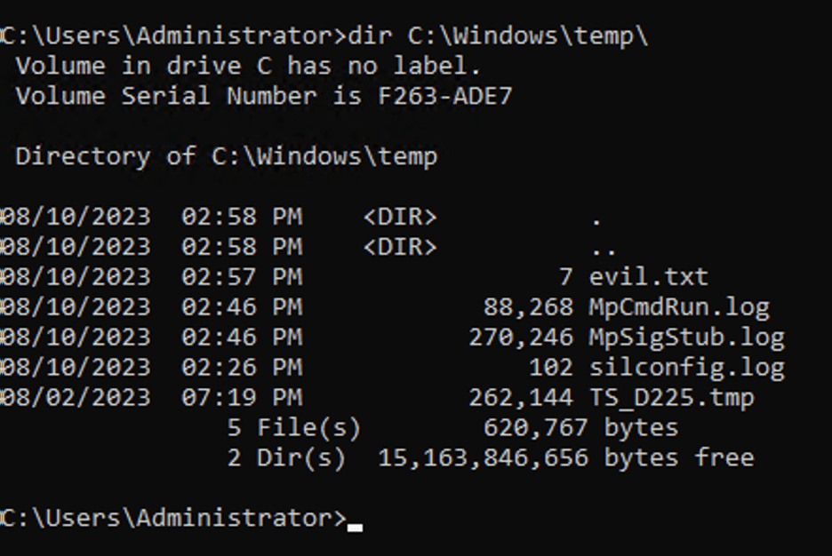We observed that the queued external program task was executed successfully resulting in the creation of a file named evil.txt in the Windows temp directory