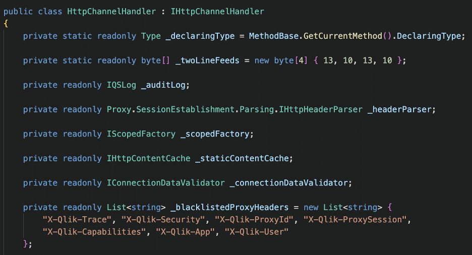 We observed that a blacklist was leveraged to prevent certain headers such as the X-Qlik-User header from being sent by the end-user in a request forwarded by the proxy service to a backend service
