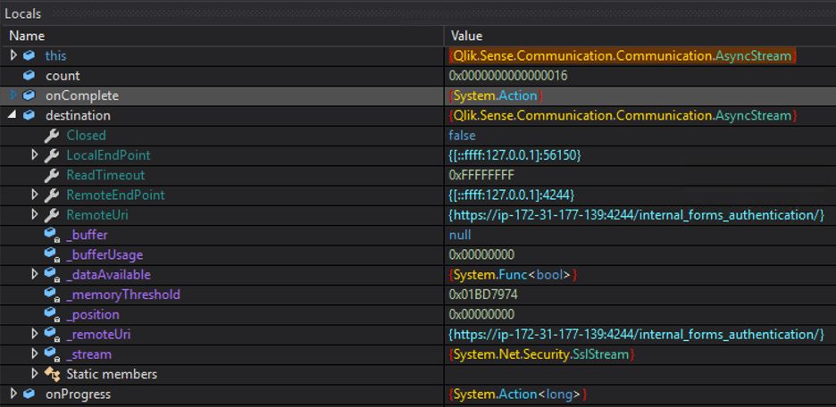 We attached a debugger to the proxy service and set a breakpoint on the HttpChannelHandler.ForwardRequest function. We observed authentication requests being forwarded to a service running on port 4244